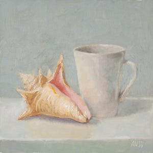 Conch shell and white cup original oil painting square white still life by Aleksey Vaynshteyn