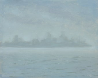 NYC skyline in the fog original misty landscape oil painting by Aleksey Vaynshteyn