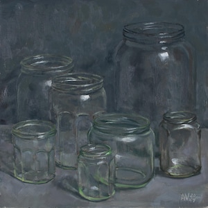 Transparent glass jars on dark grey background original still life oil painting by Aleksey Vaynshteyn