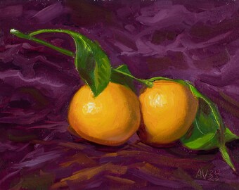 Clementines on crimson velvet background original oil painting small impasto still life by Aleksey Vaynshteyn