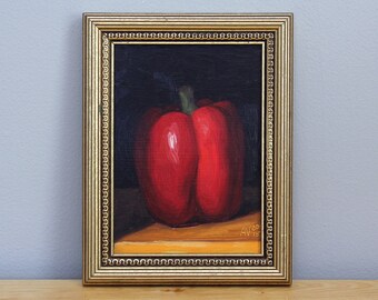 Red Pepper Framed Still Life Painting, original oil painting on board by Aleksey Vaynshteyn