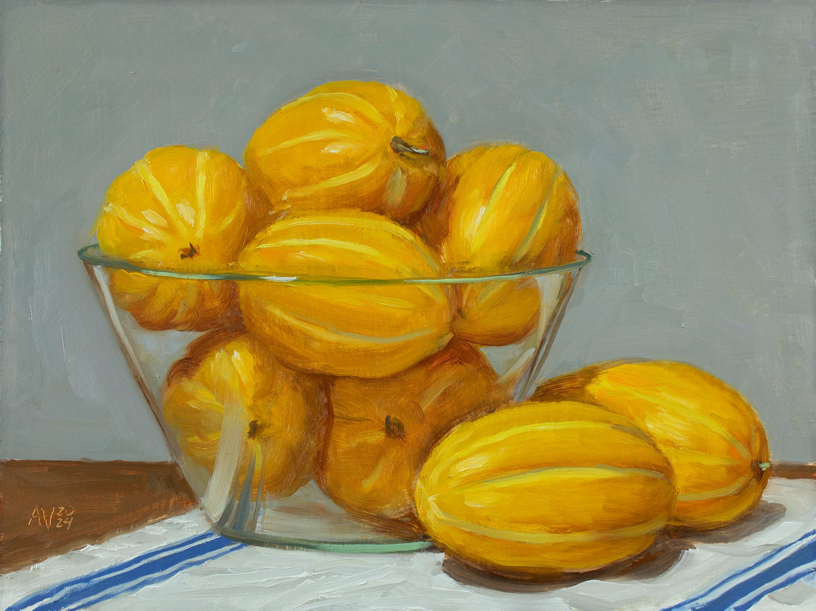 Cha Me Korean Melons in a large glass bowl Chame Original Oil Painting Still Life Kitchen Art by Aleksey Vaynshteyn