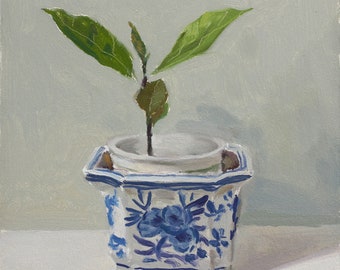 Lemon plant in a porcelain pot Giclée Print of my original oil painting, square painting, contemporary art, still life by Aleksey Vaynshteyn