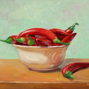 Peppers oil painting, spicy peppers in a ceramic bowl, hot chili painting original still life oil painting by Aleksey Vaynshteyn