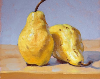 Yellow pears oil painting, small still life painting, square painting, modern art, original contemporary painting by Aleksey Vaynshteyn