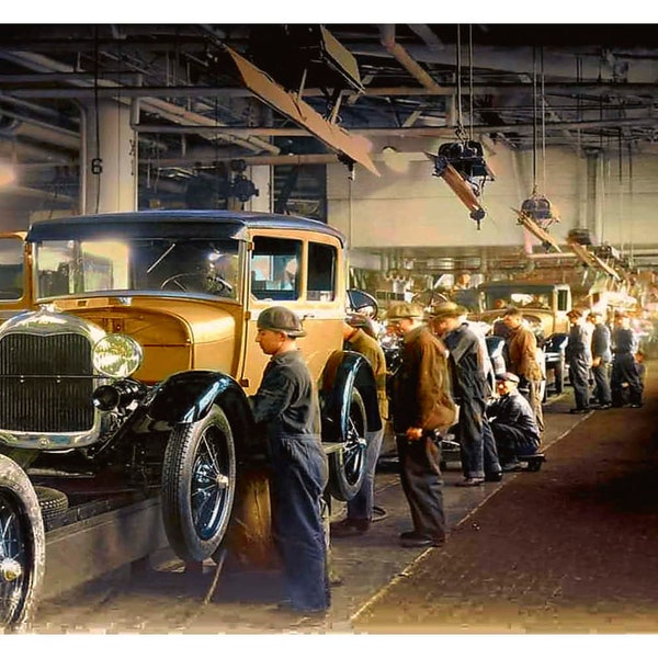 Vintage Reproduction Poster Early Ford Motor Company Assembly Line