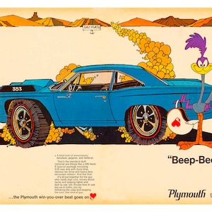 Vintage Reproduction Racing Poster Plymouth Beep Beep Road Runner Muscle Car