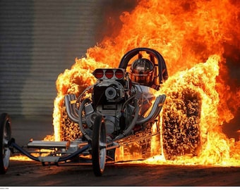 Vintage Reproduction Racing Poster Top Fuel Dragster Very Fire Burnout