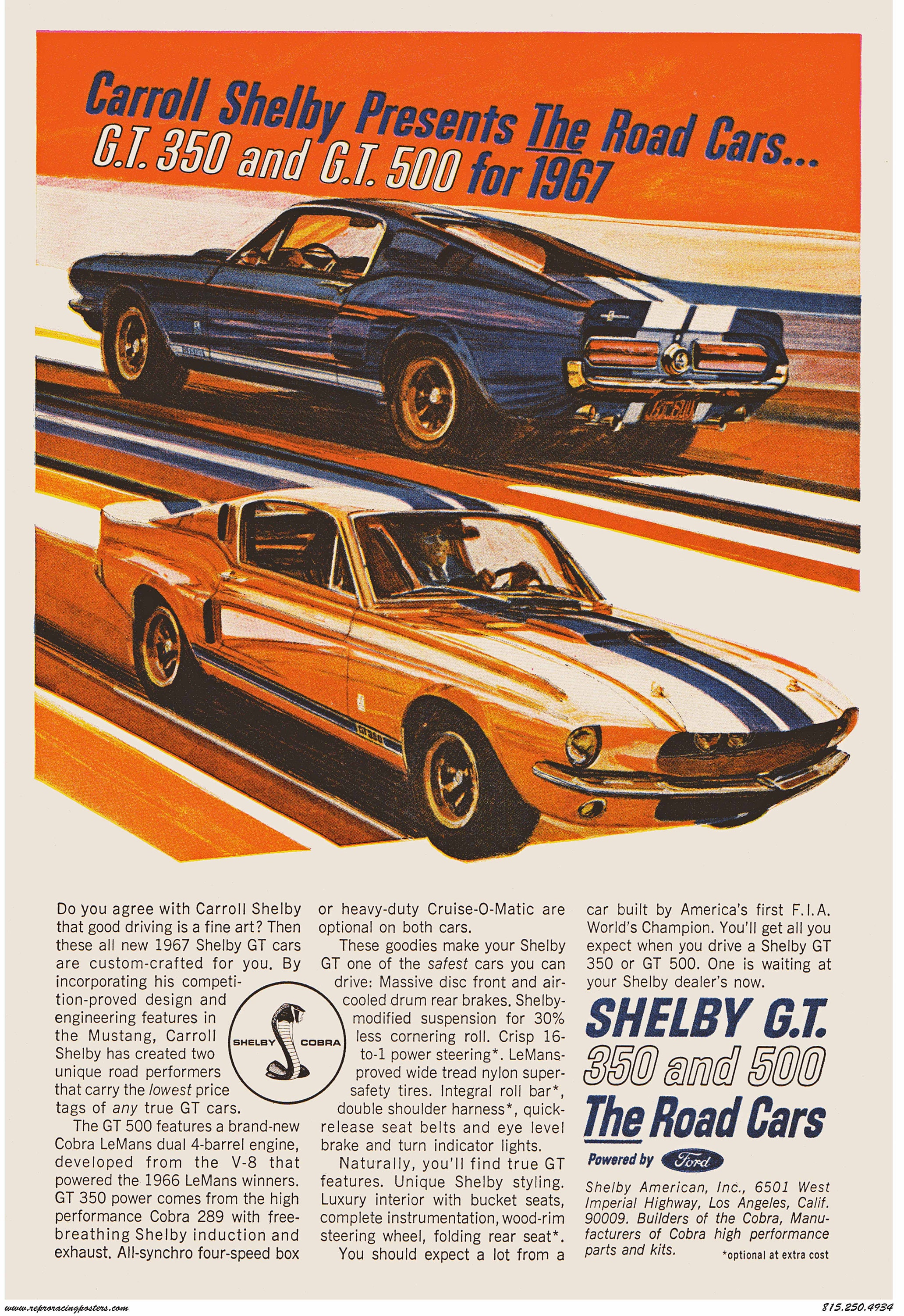 Vintage Reproduction Racing Poster 1967 Shelby GT 350/500 Ford Mustang