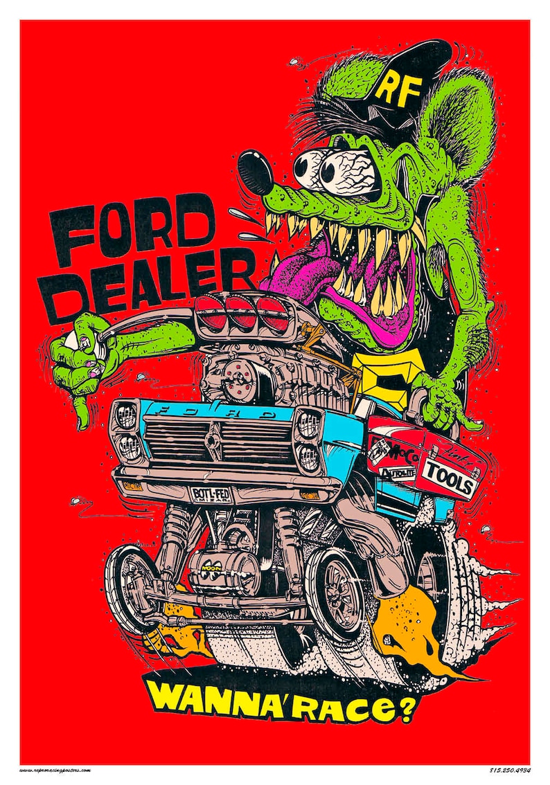 Vintage Reproduction Racing Poster Rat Fink Ford Dealers Crazy Garage