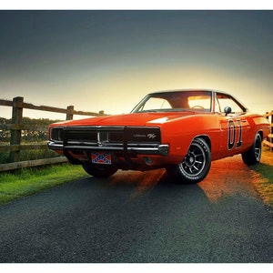 Vintage Reproduction Racing Poster General Lee Dukes of Hazard by fence