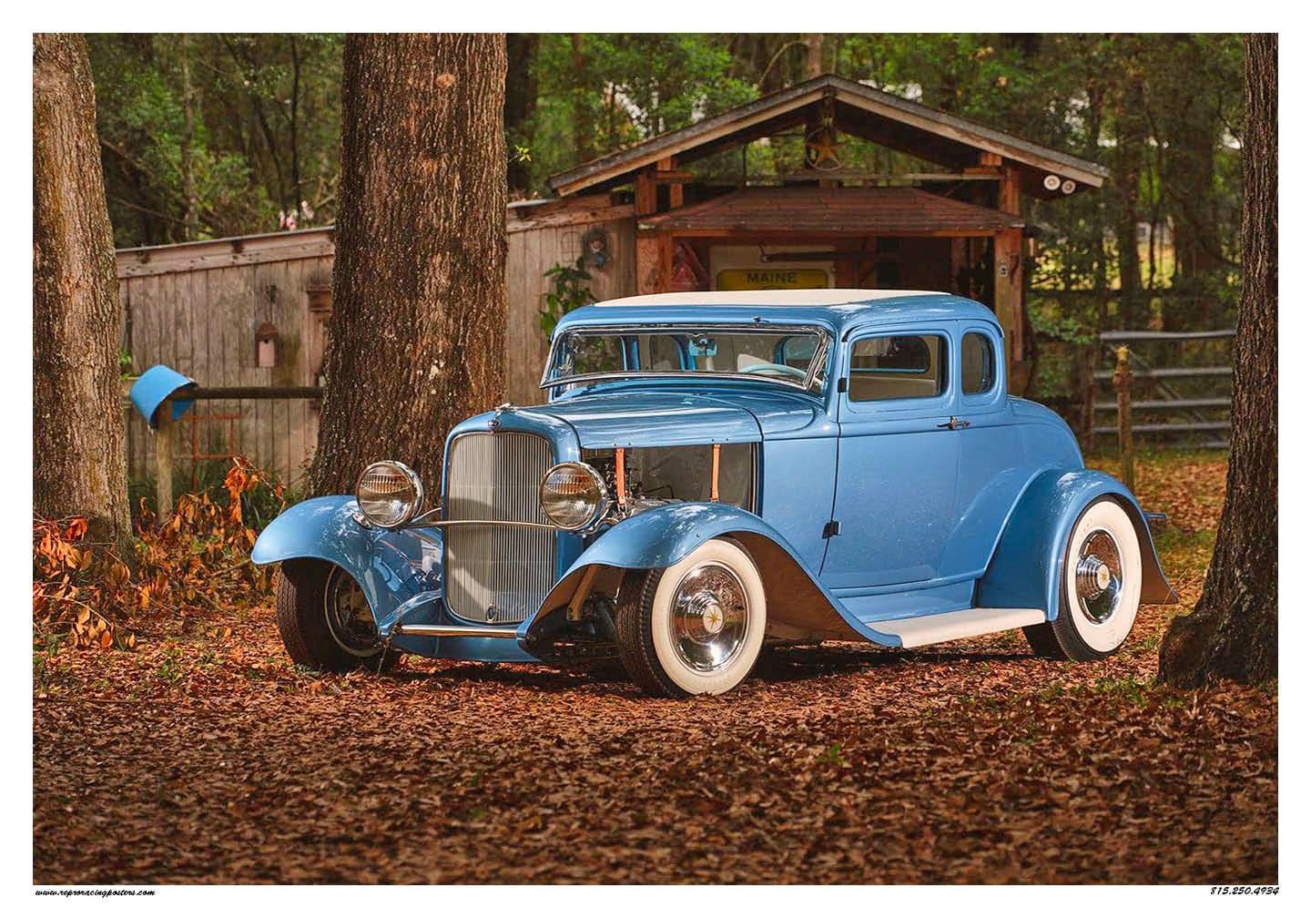 Vintage Reproduction Poster Blue 1932 Ford 5 Window Coupe
