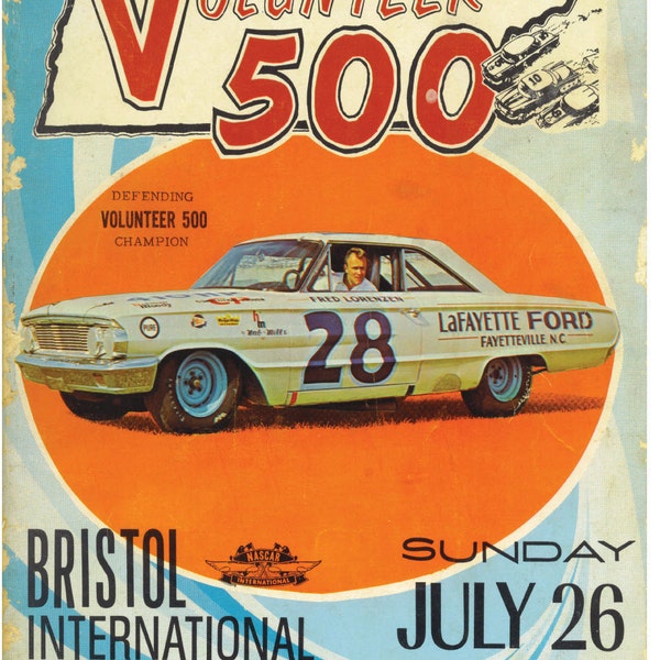 Vintge Reproduction Racing Poster 1964 Bristol Raceway Fred Lorenzen Ford Galaxie