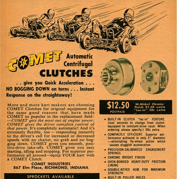 Vintage Reproduction Racing Poster Comet Clutches Go Kart Racing