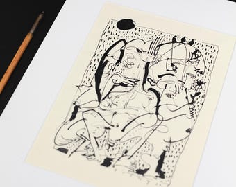 Love Story – oryginalny abstrakcyjny rysunek tuszem, sygnowana figuralna sztuka ścienna, ekspresjonistyczny wystrój domu