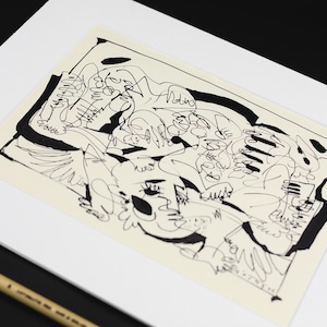 May include: Abstract black ink drawing on cream-colored paper, mounted on a white mat. The artwork features a series of interconnected, free-flowing lines and shapes. A gold-colored tool rests in the lower left corner.