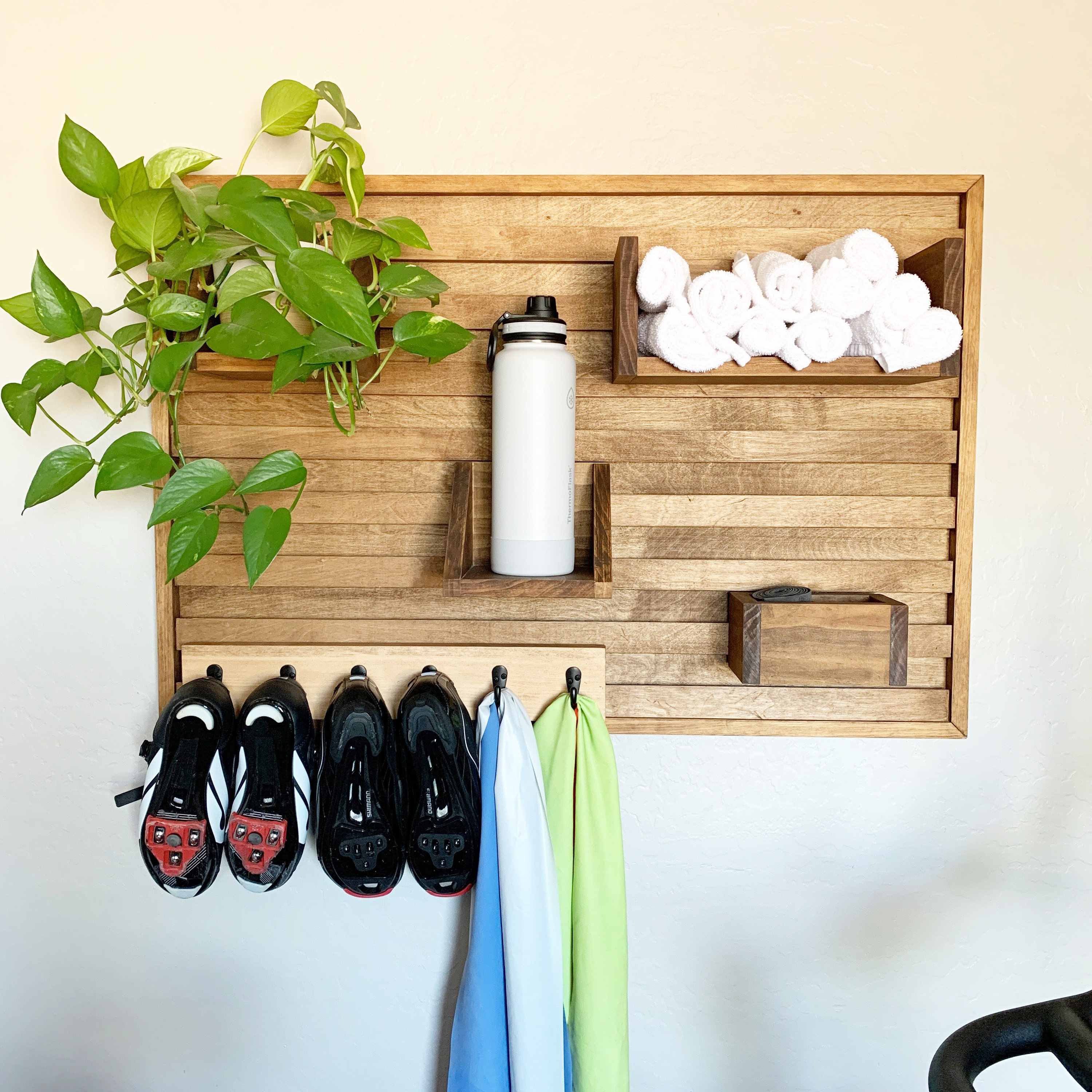 Exercise bike shelf stationary bike shoe holder home gym storage