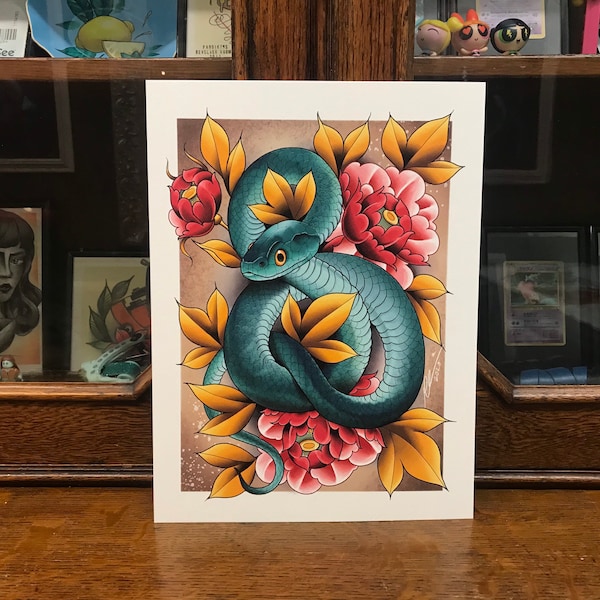Neo-Traditional Snake and Peony Flowers Tattoo Inspired Premium Art Print File | Nature and Reptile Lover Gifts