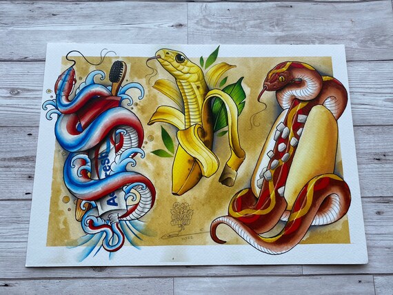 Neo-traditional Crazy Hybrid Mix Snakes Premium Digital A3 Art Print Hot  Dog Banana Toothpaste Nature Ink Tattoos Lover - Etsy Canada