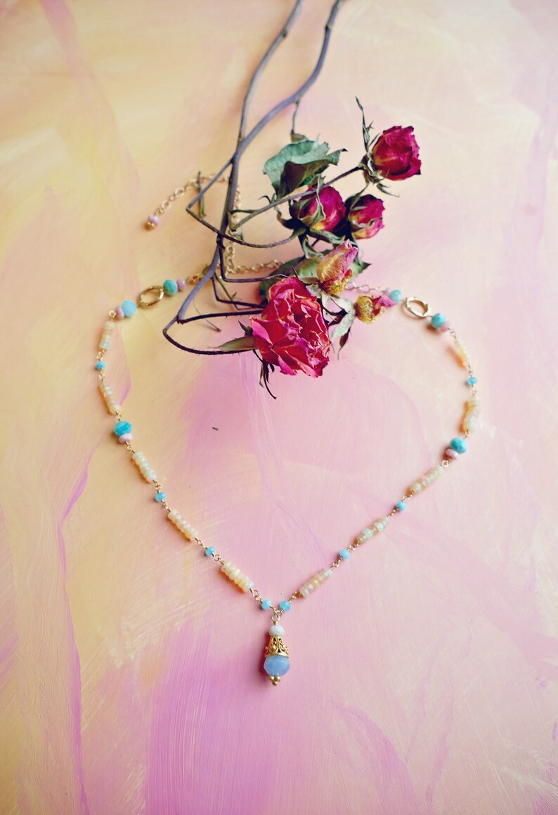 aquamarine and vermeil delicate gemstone necklace pink opal amazonite apatite Oak Hill fire opal