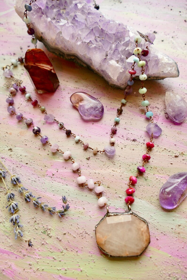 Ribbonwood pink opal and multi healing gemstone double strand gemstone chain necklace
