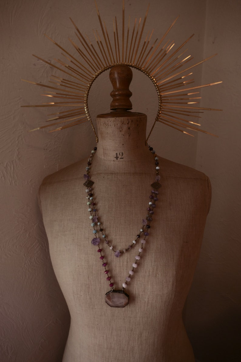 Ribbonwood pink opal and multi healing gemstone double strand gemstone chain necklace