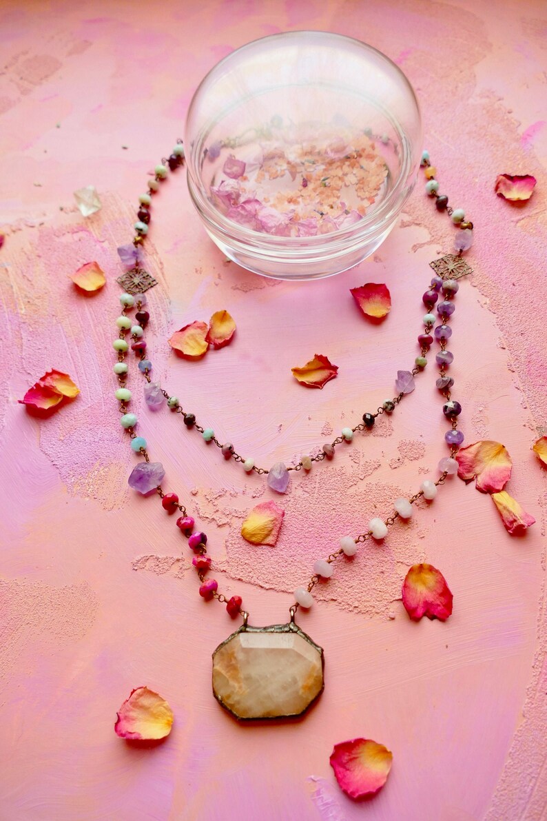 Ribbonwood pink opal and multi healing gemstone double strand gemstone chain necklace