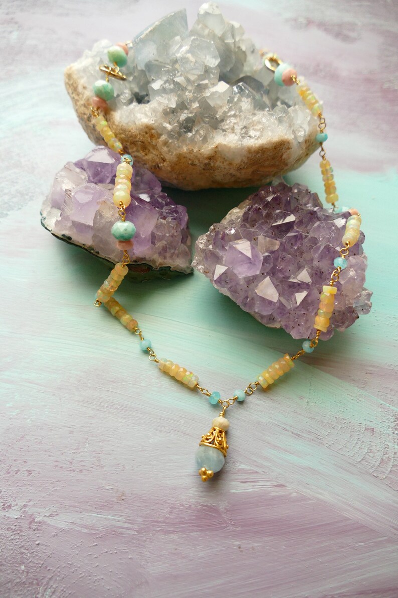 aquamarine and vermeil delicate gemstone necklace pink opal amazonite apatite Oak Hill fire opal