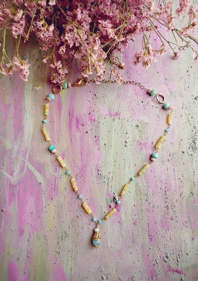 aquamarine and vermeil delicate gemstone necklace pink opal amazonite apatite Oak Hill fire opal