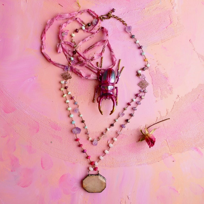 Ribbonwood pink opal and multi healing gemstone double strand gemstone chain necklace