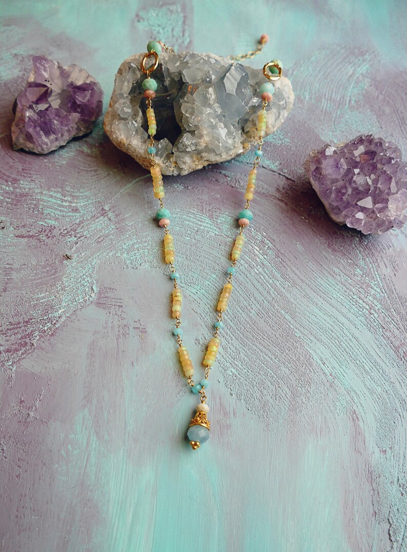 aquamarine and vermeil delicate gemstone necklace pink opal amazonite apatite Oak Hill fire opal