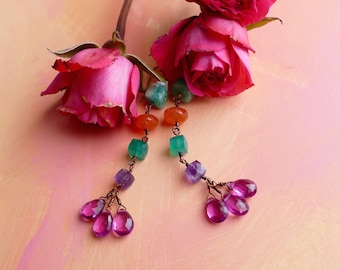 Primavera chrysoprase, amethyst, larimar, green onyx, carnelian and quartz earrings