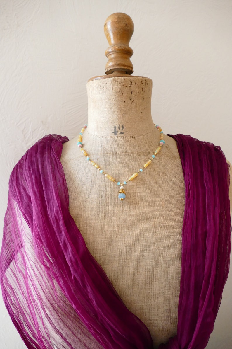 aquamarine and vermeil delicate gemstone necklace pink opal amazonite apatite Oak Hill fire opal