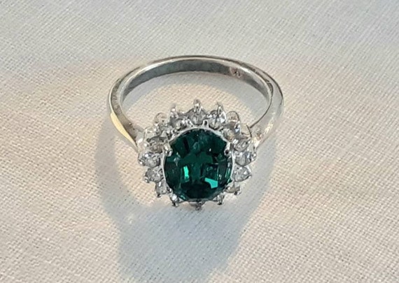 Vintage Costume Deep Green Gemstone Ring in Sterl… - image 1