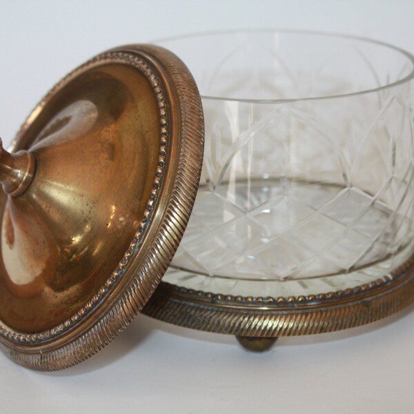 Vintage Brass and Cut Glass Candy Dish, Andrea by Sadek, Beautiful Candy Dish, Brass Lid with Pineapple Handle, Collectible Brass and Glass