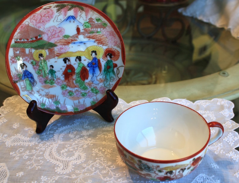 Japanese Cup and Saucer Vintage Hand Painted Asian Porcelain Etsy