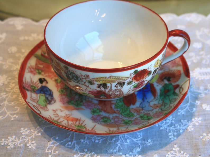 Japanese Cup and Saucer Vintage Hand Painted Asian Porcelain Etsy