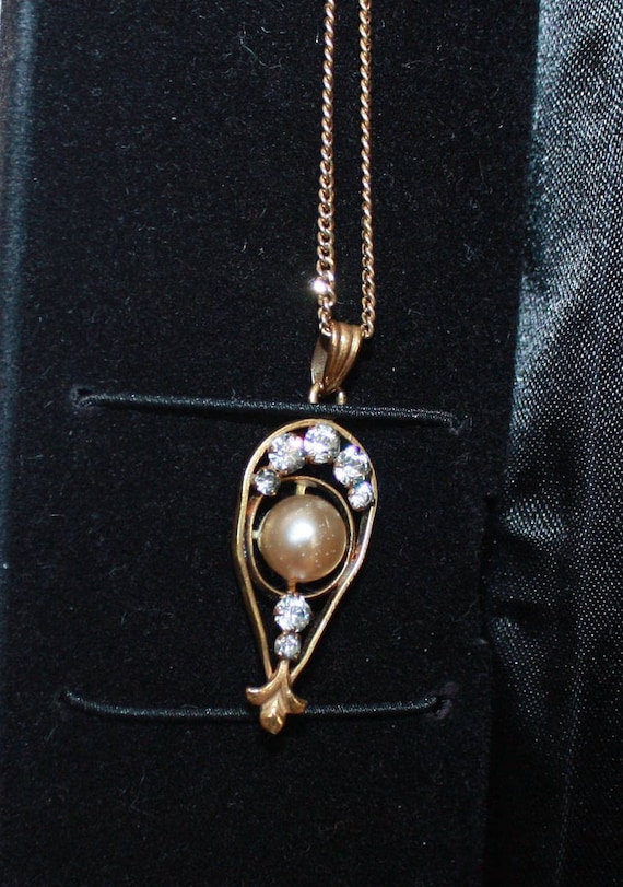 Antique Vermeil Faux Pearl and Rhinestone Lavalie… - image 1