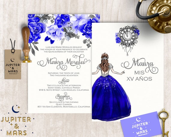 elegant royal blue and silver quinceañera invitation etsy blue invitations