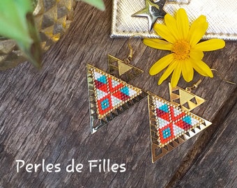 Geometric triangle earrings weaving white miyuki beads, red, borderline, turquoise and gold