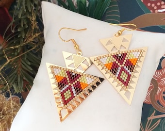 Geometric triangle earrings weaving beads miyuki orange, neon yellow, white, red and gold