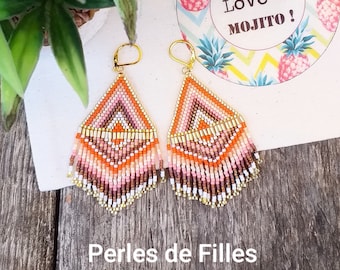 graphic triangle earrings with fringed weave beads miyuki gradient of orange