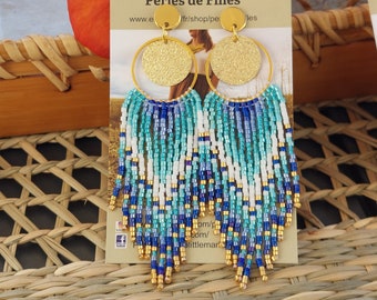 miyuki bead weaving fringe earrings shades of green, white, blue and gold