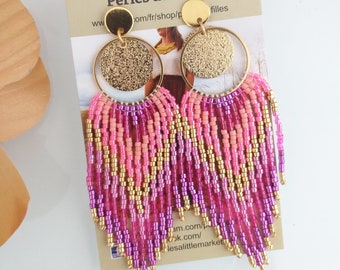Fringed earrings weaving beads miyuki shade of pink, purple and gold