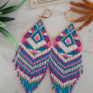 Geometric triangle earrings weaving miyuki beads purple, neon pink, white, turquoise, blue and gold image 1