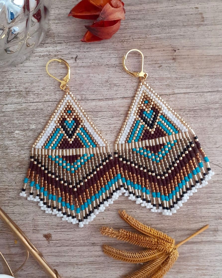 Graphic Triangle Earrings With Fringed White Miyuki Beads
