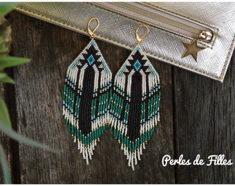 graphic triangle earrings with fringed weaves beads miyuki black, brown, green, blue