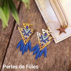 Earrings geometric triangle weaving miyuki blue, white, green & gold
