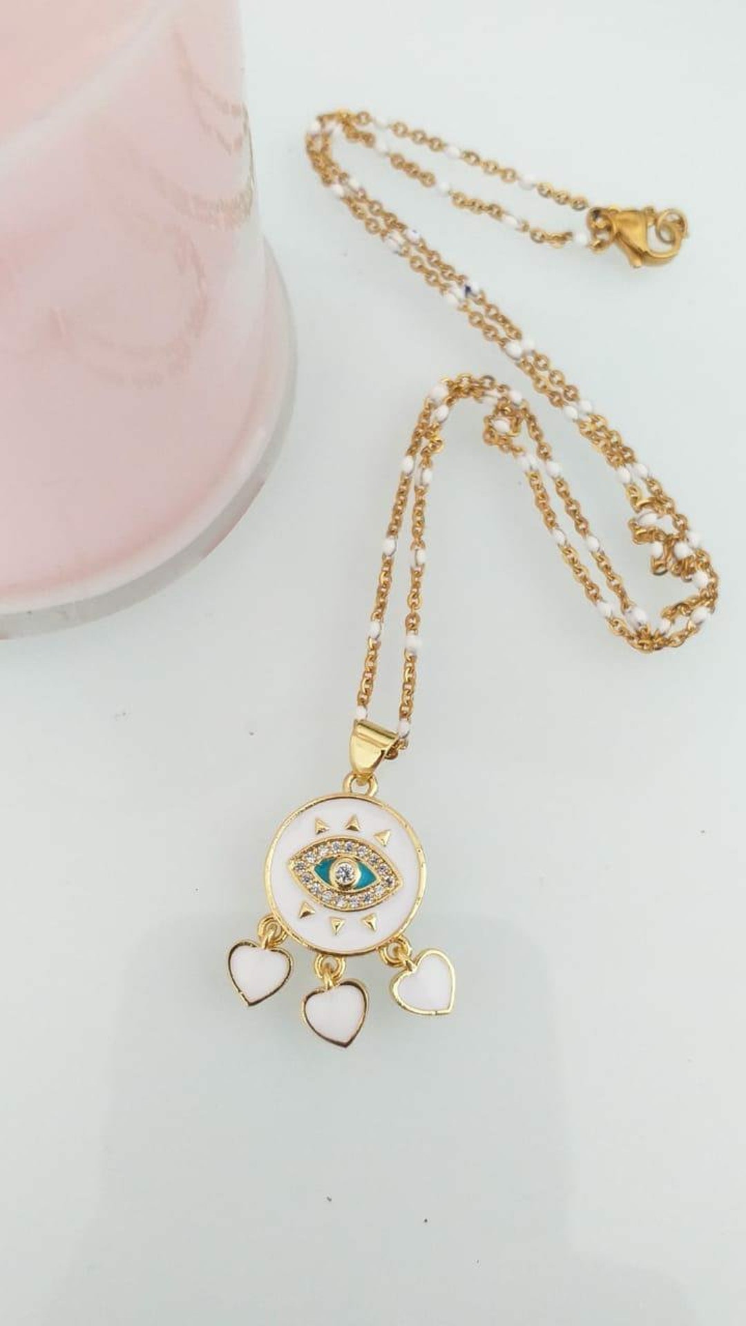 Stainless Steel Collar Chain White Balls Pendant Enamel and Etsy UK