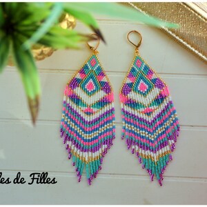 Geometric triangle earrings weaving miyuki beads purple, neon pink, white, turquoise, blue and gold image 2